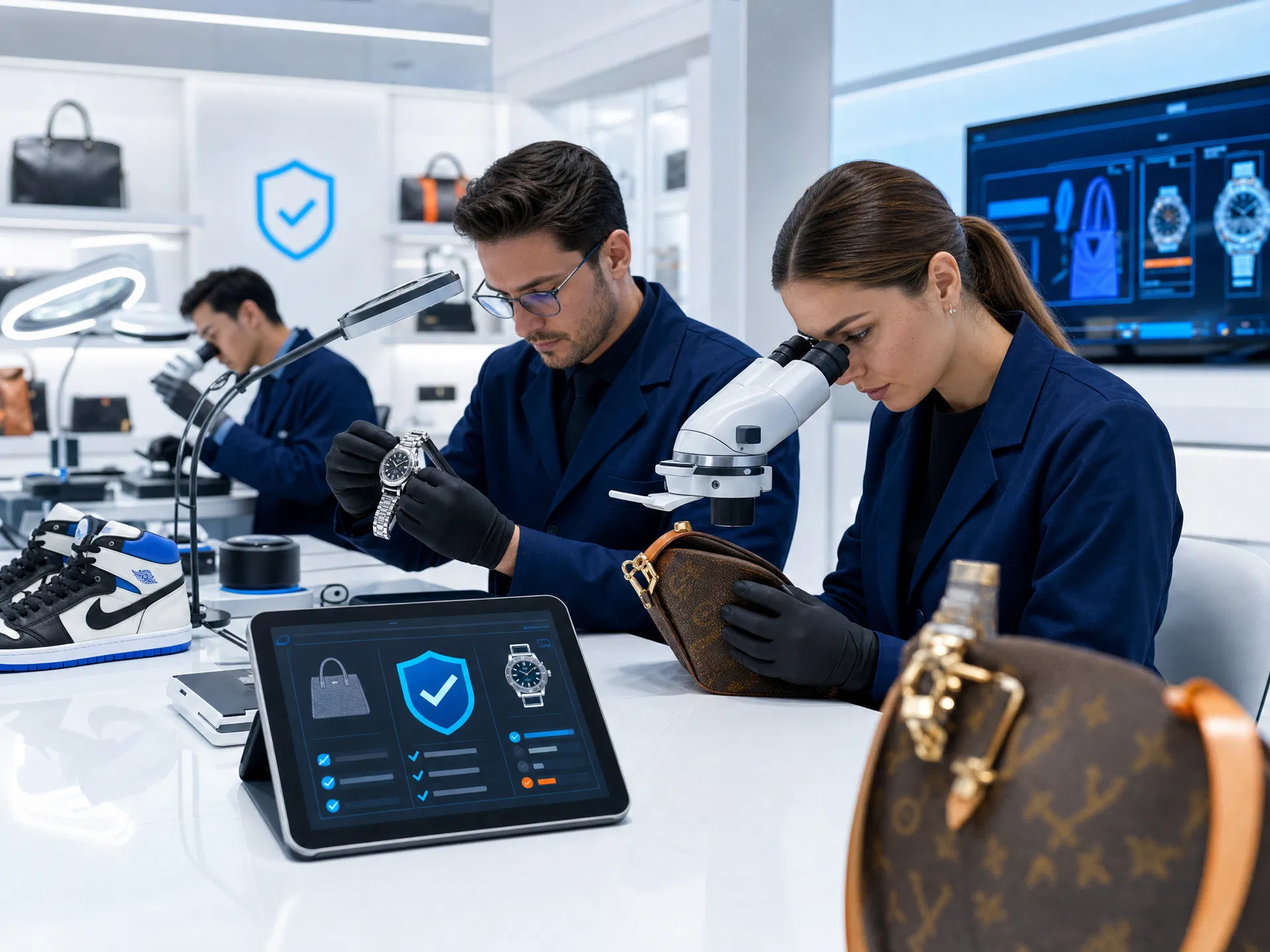 资深鉴定师在官方鉴定中心比对商品真伪的工作场景